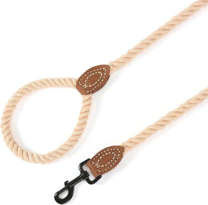 Dog Leash, Braided Cotton Rope Leashes with Leather Tip - Heavy Duty Metal Clasp, 6FT, 1/2" Thick - Wedding, Walking & Training Leash for Small Medium Large Dogs (Light Brown)