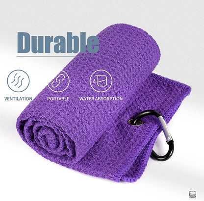 Tri-Fold Golf Towel | Premium Microfiber Fabric | Waffle Pattern | with Heavy Duty Carabiner Clip | Purple Golf Towel for Men and Women | 16”X21” (Purple)