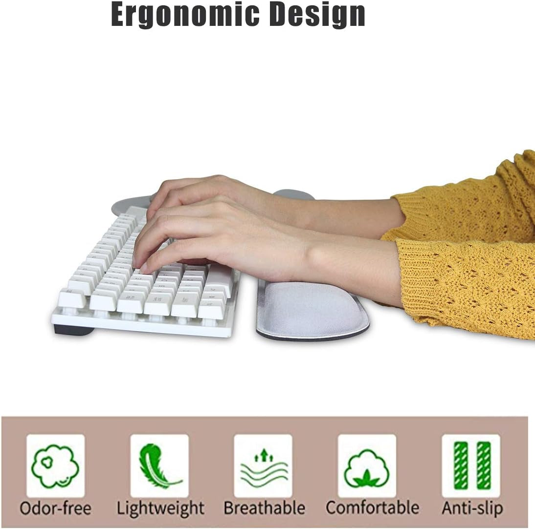 Ergonomic Keyboard Mouse Pad Wrist Support Set - Anti-Slip Keyboard Mice Mat Wrist Rest for Laptop/Computer Gaming/Office - Durable & Comfortable for Easy Typing & Pain Relief(Kwrp-Gray)