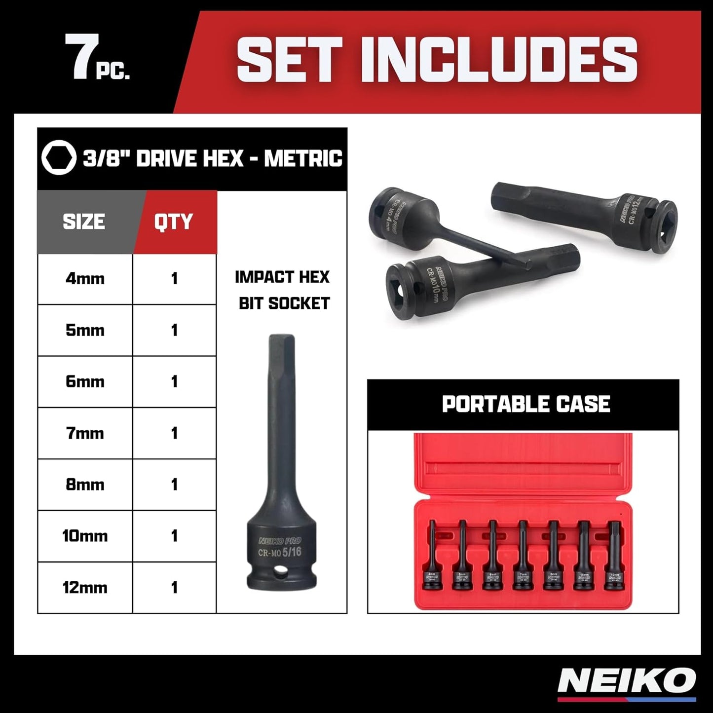 01130B 3/8" Drive Allen Socket Set, 7 Piece, 3 Inch, 3/8” Impact Hex Bit Socket Set, Metric Hex Driver 4 Mm to 12 Mm, Chrome-Moly Cr-Mo Impact Grade
