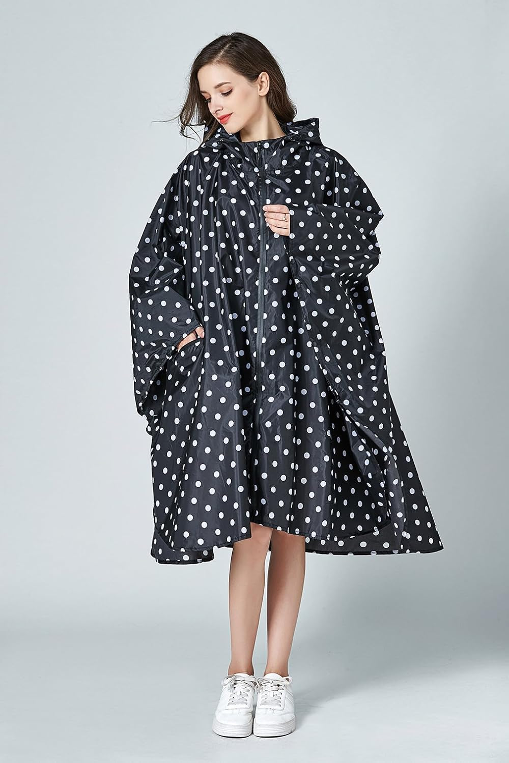 Womens Rain Poncho Stylish Polyester Waterproof Raincoat Free Size with Hood Zipper Various Colors Styles