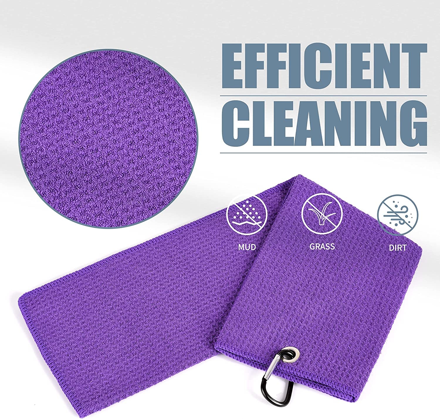 Tri-Fold Golf Towel | Premium Microfiber Fabric | Waffle Pattern | with Heavy Duty Carabiner Clip | Purple Golf Towel for Men and Women | 16”X21” (Purple)