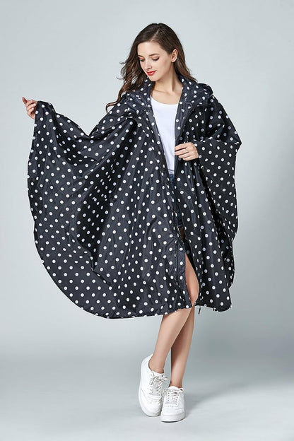 Womens Rain Poncho Stylish Polyester Waterproof Raincoat Free Size with Hood Zipper Various Colors Styles