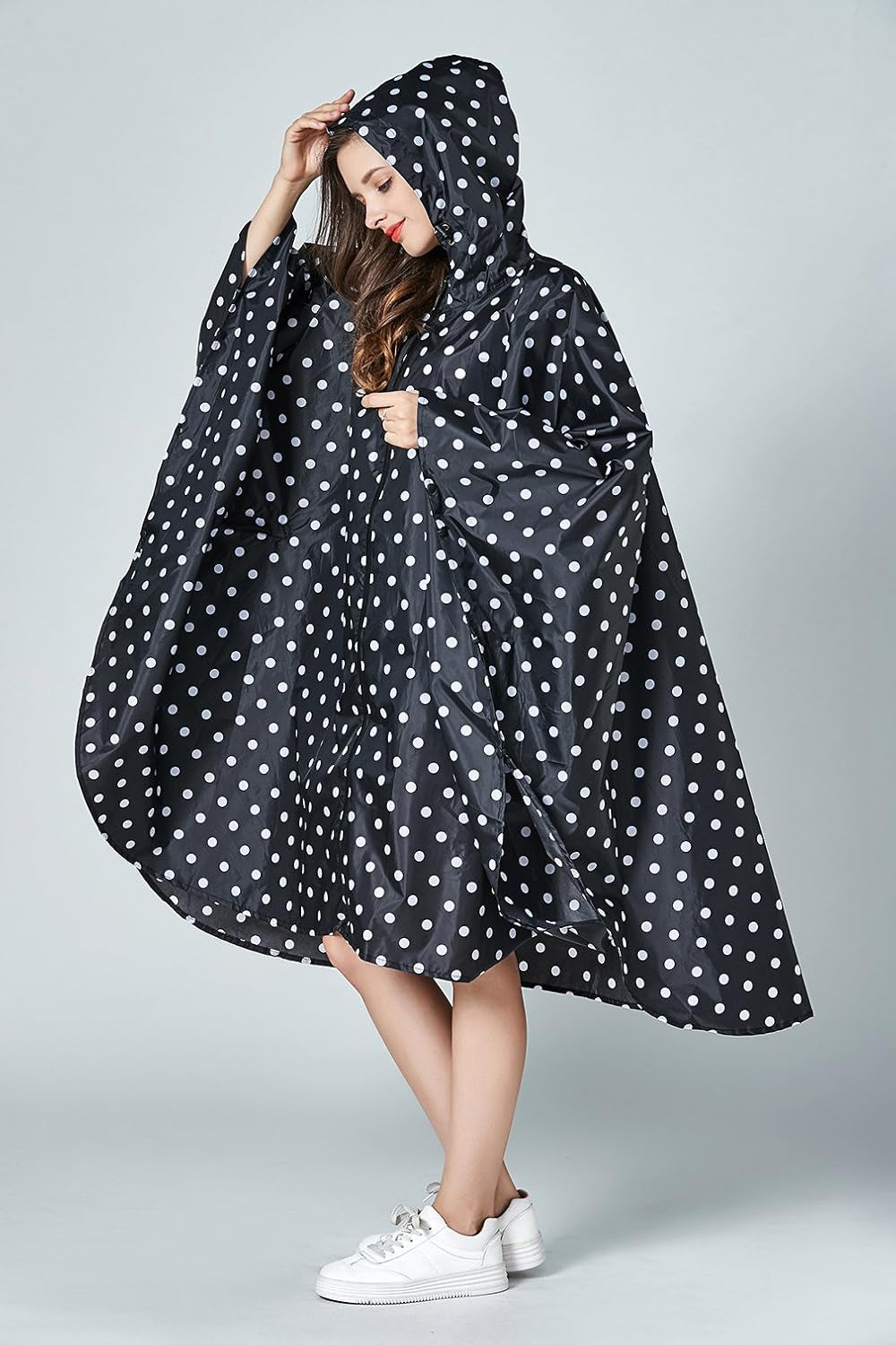 Womens Rain Poncho Stylish Polyester Waterproof Raincoat Free Size with Hood Zipper Various Colors Styles