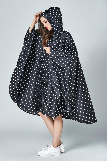 Womens Rain Poncho Stylish Polyester Waterproof Raincoat Free Size with Hood Zipper Various Colors Styles