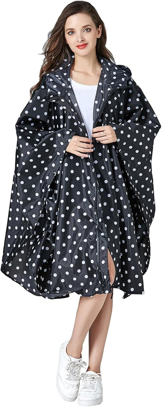 Womens Rain Poncho Stylish Polyester Waterproof Raincoat Free Size with Hood Zipper Various Colors Styles