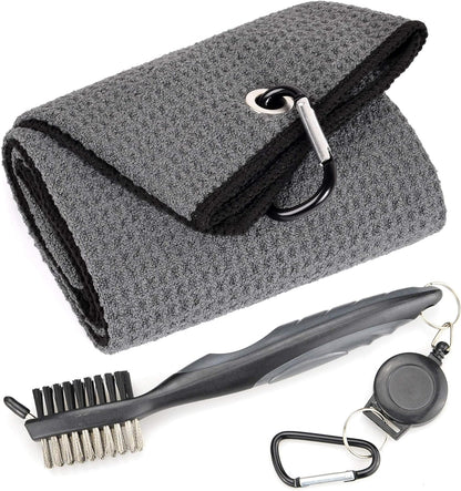 Microfiber Waffle Pattern Tri-Fold Golf Towel | Brush Tool Kit with Club Groove Cleaner, Retractable Extension Cord and Clip